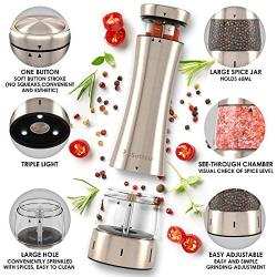 Electric Salt and Pepper Grinder | Premium Electronic Stainless Steel Spice Mill for Coarse Seasoning | Battery Powered One-Handed Pepper & Salt Grinder with Light (9551 single)