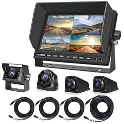 Backup Camera for RV Bus Truck, 4 Car Cameras and 7'' Quad Split Screen, Waterproof and Night Vision, 1 Rear Camera+1 Front/Doorway Camera+2 Side Cameras, for Semi-Truck, RV, Bus, Motorhome