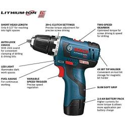 Bosch Power Tools Drill Kit - PS31-2A - 12V, 3/8 Inch, Two Speed Driver, Cordless Drill Set - Includes Two Lithium Ion Batteries, 12V Charger, Screwdriver Bits & Soft Carrying Bag, Blue