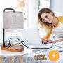 ZEEFO Bedside Table Lamp, USB & Type C Charging Ports & 3-Prong AC Outlet Desk Lamp, Retro Walnut Solid Wood Base Light Luxury Nightstand Lamps with Grey Lampshade Ideal for Bedroom,Living Room,Office