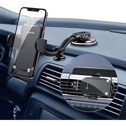 Car Phone Mount, 3-in-1 Universal Cell Phone Holder Dashboard Windshield Air Vent, Flexible Long Arm, Strong Suction Anti-Shake Stabilizer Fit with iPhone 12 Pro Max/11/X/SE, Samsung Galaxy and More