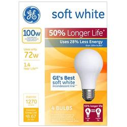 GE Halogen Light Bulbs, A19 Light Bulbs, 72-Watt, 1270 Lumen, Medium Base, Soft White, 4-Pack, General Purpose White Light Bulbs, Replacement for 100-Watt Light Bulbs