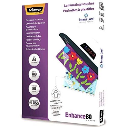 Fellowes A4 Laminating Pouches, Gloss, 80 Micron with Image Last Directional Quality Mark, Pack of 100