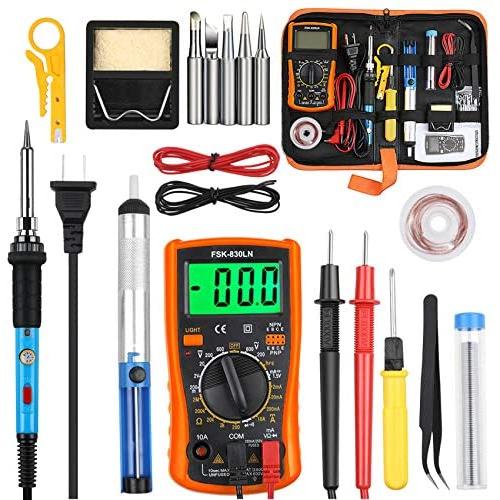 Vastar Soldering Iron Kit, Full Set 60W 110V Soldering Welding Iron Kit - Adjustable Temperature with Digital Multimeter, 5pcs Soldering Iron Tips, Desoldering Pump, Stand, Anti-static Tweezers