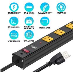 CRST Heavy Duty Surge Protector Power Strip Wide Spaced 12-Outlet 15 Feet Long Extension Cord with Mounting Brackets 15A Circuit Breaker 1800 Joules