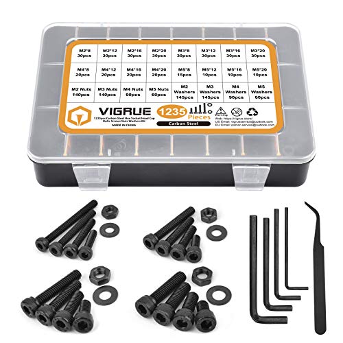 VIGRUE 1235PCS M2 M3 M4 M5 Screws Assortment Set, 14.9 Grade Alloy Steel, Hex Socket Head Cap Screws Bolts Nuts Washers Assortment Kit with Allen Wrench