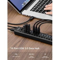 Rosonway Powered USB Hub 16 Ports 100W USB 3.0 Data Hub Aluminum USB Hub 3.0 Splitter with 12V/8.3A UL Certified Power Adapter and Individual On/Off Switches RSH-A16 (Black)