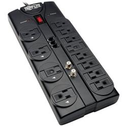 Tripp Lite TLP1208TELTV 12 Outlet Surge Protector Power Strip, 8ft Cord, Right-Angle Plug, Tel/Modem/Coax Protection, RJ11, & Dollar 150,000 Insurance Black