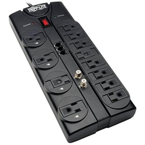 Tripp Lite TLP1208TELTV 12 Outlet Surge Protector Power Strip, 8ft Cord, Right-Angle Plug, Tel/Modem/Coax Protection, RJ11, & Dollar 150,000 Insurance Black