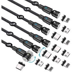 Magnetic Charging Cable [6-Pack, 1.6ft/3.3ft/3.3ft/6.6ft/6.6ft/10ft], Melonboy 360° & 180° Rotation Magnetic Phone Charger, 3 in 1 Magnetic Cable Compatible with Micro USB, Type C and iProduct