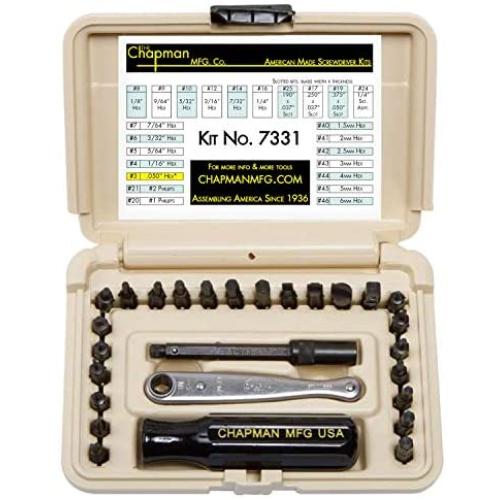 Chapman MFG 7331 All-Purpose Standard Screwdriver Set - Includes Phillips, SAE Allen Hex & Slotted/Flathead Bits, Complete Set Offers 24 USA Made Insert Bits + Mini Ratchet Hand Tool (Desert Tan Case)