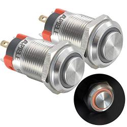 APIELE (Pcs of 2) 12mm Latching Push Button Switch High Round Head Stainless Steel 1 Normally Open with Ring Led (Yellow)