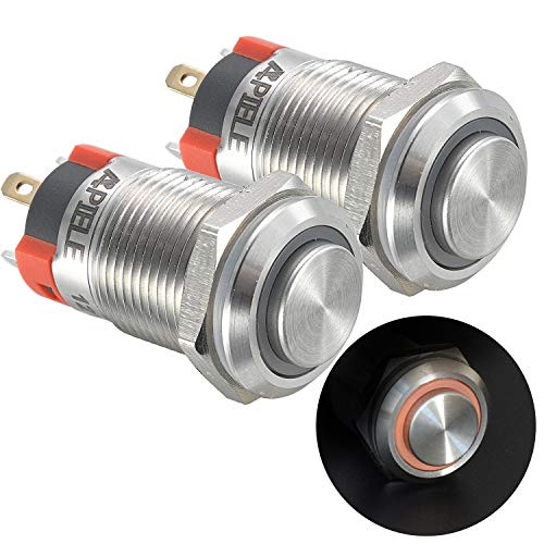 APIELE (Pcs of 2) 12mm Latching Push Button Switch High Round Head Stainless Steel 1 Normally Open with Ring Led (Yellow)