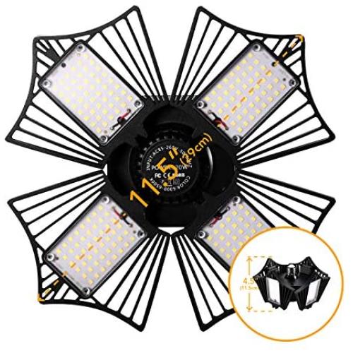 LED Garage Lights 75W,6000 lumens LED Garage Ceiling Light, CRI 80, 6000K Daylight with 4 Adjustable Panels, E26/E27, shop light for Garage, Barn, Workshop,Warehouse (Black(1 Pack))