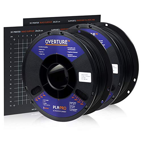Overture PLA Plus (PLA+) Filament 1.75mm Toughness Enhanced PLA Roll with 3D Build Surface 200 × 200mm, Premium PLA 1kg Spool (2.2lbs), Dimensional Accuracy +/- 0.05 mm (Black, 2-Pack)
