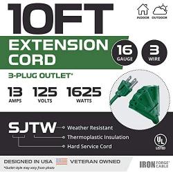 10 Ft Outdoor Extension Cord with Power Block - 16/3 Durable Green Cable - Great for Powering Outdoor Christmas Decorations