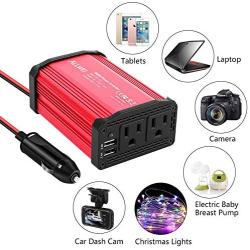 300W Car Power Inverter DC 12V to 110V AC Converter 4.8A Dual USB Charging Ports Car Charger Adapter (Red)