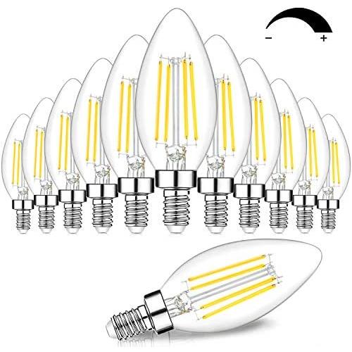 12-Pack Dimmable E12 LED Candelabra Bulbs 60W Equivalent, 5000K Daylight White, 600 Lumens B11 Candle Base 6W C35 LED Filament Vintage Light Bulbs, Clear Glass for Chandelier Ceiling Fan High CRI 90+