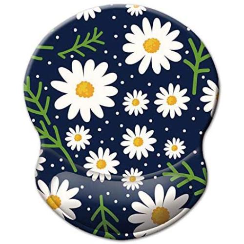 Boutilon Wrist Mouse Pad, Non-Slip Ergonomic Mouse Pad with Gel Wrist Rest Support, Gaming Mouse Pad 8.7 x 7.5 inches Pad for Computer, Laptop, Home, Office (Daisy Flowers White-Wrist)