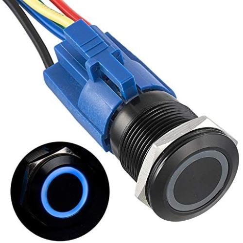 APIELE 19mm Latching Push Button Switch 12V DC Angel Eye Halo Ring LED Metal 0.74'' 1NO1NC SPDT with Wire Socket Plug (Blue LED/Black Shell)