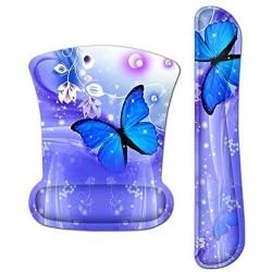 Meffort Inc Mouse Pad Wrist Support & Gaming Keyboard Wrist Pad Combo Set – Durable Ergonomic Anti Slip Non-Slip Square Base Rest Support - Blue Purple Butterfly