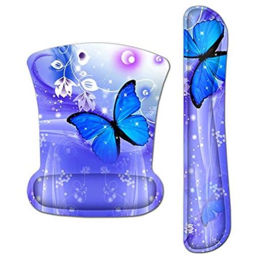 Meffort Inc Mouse Pad Wrist Support & Gaming Keyboard Wrist Pad Combo Set – Durable Ergonomic Anti Slip Non-Slip Square Base Rest Support - Blue Purple Butterfly