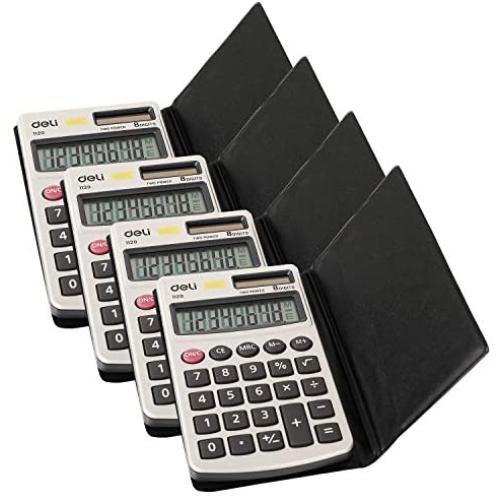 Calculator, Deli Standard Function Basic Calculators, Solar Battery Dual Power Office Calculator with Cover, Metal Panel, 4 Pack