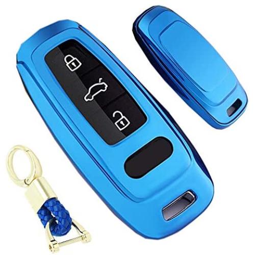 Royalfox(TM) 3 Buttons Soft TPU Smart keyless Remote Key Fob case Cover Shell for Audi New Smart Key,2019 Audi A6 A6L A7, 2018 2019 A8, (Blue)