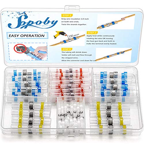 50pcs Solder Seal Wire Connector, Sopoby Solder Seal Heat Shrink Butt Connectors Terminals Electrical Waterproof Insulated Marine Automotive Copper(23Red 12Blue 10White 5Yellow)