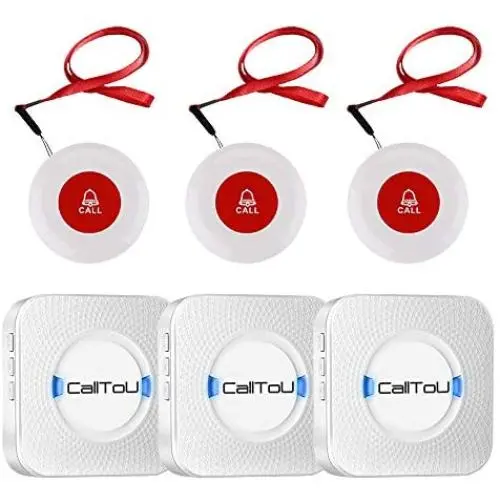 CallToU Wireless Caregiver Pager Call System 3 SOS Call Buttons/Transmitters 3 Receivers Nurse Calling Alert Patient Help System for Home/Personal Attention Pager 500+Feet Plugin Receiver Alert