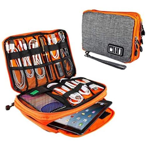 Electronics Organizer Travel Universal Cord Organizer Electronic Accessories Case for Cable, Charger, Phone, USB Drive, SD Card, Mini Tablet(Up to 7.9'') Gray and Orange