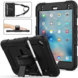 SEYMAC stock Case for iPad Mini 5/4, 3-Layer Protection Case with [360 Degrees Rotating Stand] Hand Strap&[Pencil Holder] Screen Protector for iPad Mini 4th/5th Generation 7.9 inch (Black)