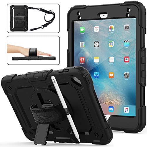 SEYMAC stock Case for iPad Mini 5/4, 3-Layer Protection Case with [360 Degrees Rotating Stand] Hand Strap&[Pencil Holder] Screen Protector for iPad Mini 4th/5th Generation 7.9 inch (Black)