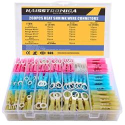 Haisstronica 260PCS Marine Grade Heat Shrink Wire Connectors-Electrical Connectors Kit of Tinned Red Copper,AWG 26-24 16-14 22-16 12-10 Crimp Insulated Ring Fork Butt Splice(4Colors/6Size)