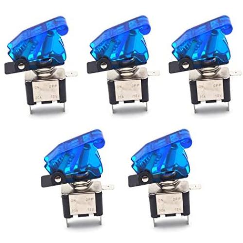 Antrader Car Racing Blue LED On/Off Aircraft Type SPST Toggle Rocker Switch Control Flip Cover 12V 20A Pack of 5