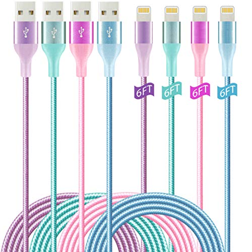iPhone Charger Lightning Cable 4Pack(6/6/6/6ft) 4Color MFi Certified Nylon Braided Long Fast USB Cord HaoKanDe Compatible for iPhone 11Pro MAX Xs XR X 8 7 6S 6 Plus SE 5S 5C (Purple+Blue Green Rose)