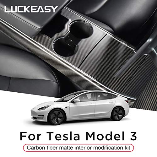 LUCKEASY Car Central Control Panel Protective Patch for Tesla Model 3 2017-2020 Real Carbon Fiber (Matt) 3pcs/Set