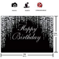 Funnytree 7x5ft Happy Birthday Party Backdrop Silver Glitter Bokeh Sequin Spots Photography Background Sparkle Shining Dots Girl Lady Baby Banner Cake Table Decoration Photo Booth