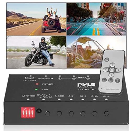 4-Channel Car Video Splitter Controller - Digital Picture Video Signal Switcher with Quad Selectable for Backup Camera Video Monitor Systems CCTV Camera, PAL/NTSC Auto Adapting - Pyle PLVSPLT41