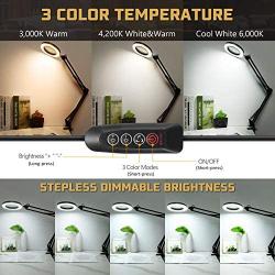LANCOSC LED Magnifying Lamp with Clamp, 1,500 Lumens Stepless Dimmable, 3 Color Modes, 5-Diopter 4.3″ Real Glass Lens, Adjustable Swivel Arm Lighted Magnifier Light for Reading Craft Close Work-2.25X
