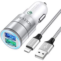 IWAVION Car Charger Compatible with iPhone 11 Pro Max/11/XS Max/XS/XR/X/8/7 Plus/7/6S/6/5S/5C/SE/5,iPad Pro/Air/Mini, with 3ft Charging Cable, Quick Charger 3.0&2.4A Dual Fast USB Car Charger Adapter