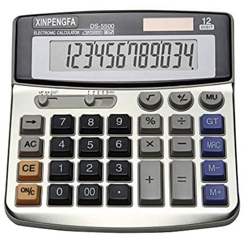 XINPENGFA Office Calculator, Solar and Battery Dual Power, Metal Surface 12 Digit Calculators Large Display Big LCD,and Large Button