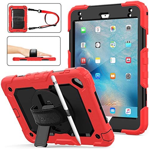 SEYMAC stock Case for iPad Mini 5 Case, Shock-Proof [Full-Body] Case with 360 Rotating Stand [Pencil Holder] [Screen Protector] Hand Strap for Mini 5th/4th Generation (Black+Red)