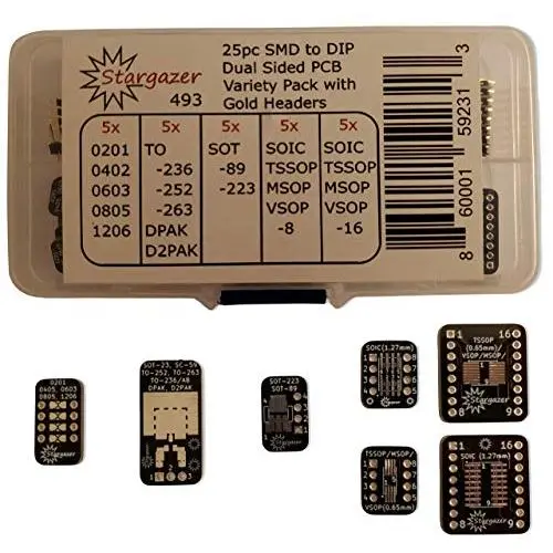 Stargazer 25 Piece Dual Sided SMD to DIP Variety Pack with 40 Fitted Gold Plated Headers [SOIC/TSSOP-8/16, DPAK, D2PAK, SOT-23, SC-59, TO-236, TO-252, TO-263, SOT-89, SOT-223, 0405, 0603, 0805,1206]