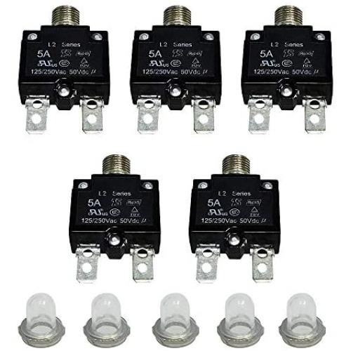 IZTOSS 5PCS 5Amp Circuit Breakers with manual reset Waterproof Button transparent Cover DC50V AC125-250V with Quick Connect Terminals
