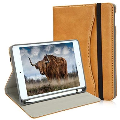 New iPad Mini Case 5th Generation with Pencil Holder - Mini iPad 4 Leather Stand Folio - Wallet Pocket - Handle Strap - Soft TPU B