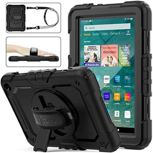 SEYMAC Stock Case for Amazon Fire HD 8/8Plus (10th Generation 2020 ), Shock-Proof Case with [360 Degree Rotating Stand] Hand Strap[Pen Holder][Screen Protector] for Fire HD 8/8 Plus 10th 2020 (Black)
