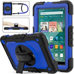 SEYMAC stock Case for FireHD 8/8Plus (10th Generation 2020 Release), Drop-Proof Full-Body Case with 360 Degrees Rotating Stand [Screen Protector] Hand Strap for FireHD 8& 8 Plus 10th Gen(Blue+Black)