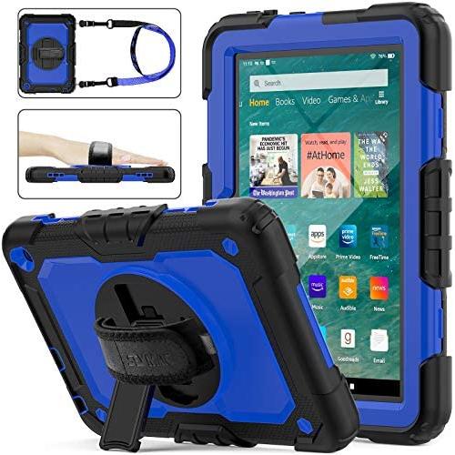 SEYMAC stock Case for FireHD 8/8Plus (10th Generation 2020 Release), Drop-Proof Full-Body Case with 360 Degrees Rotating Stand [Screen Protector] Hand Strap for FireHD 8& 8 Plus 10th Gen(Blue+Black)