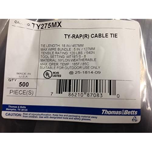 Thomas & Betts TY275MX Cable Tie 120lb 18'' Ultraviolet Resistant Black Nylon with Stainless Steel Locking Device Bulk Pack (500 Pack)